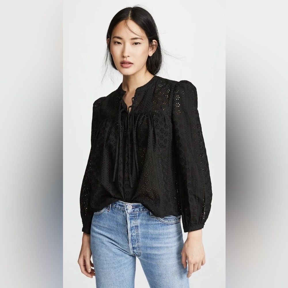 Madewell Black Cotton Eyelets Lace Puff Long Sleeve Blouse Peasant Preppy Boho L